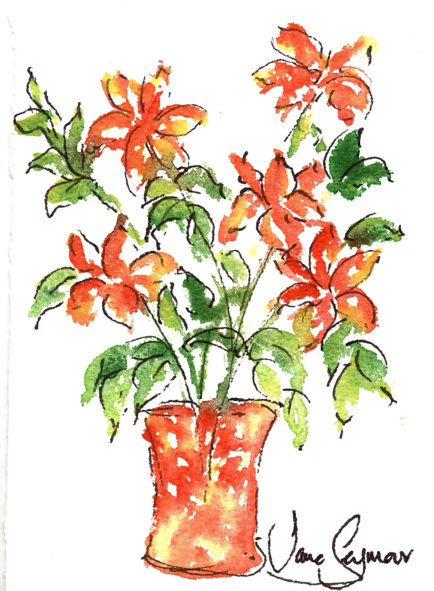 Orange Lillies in Orange Patterned Vase